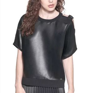 DKNY Faux Leather Buckle Shoulder Top